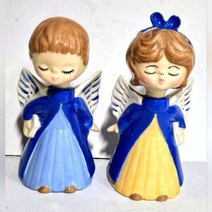 Vintage Ceramic Kissing Angels Hand Painted 1970's Blue White